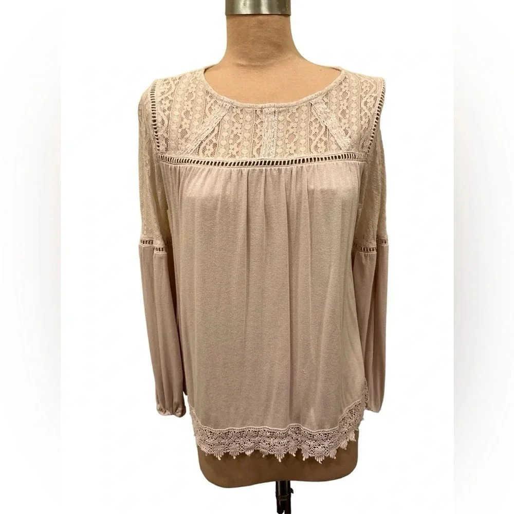 Knox Rose Light Pink Lace Fringe Long Sleeve Dressy Blouse Size XS